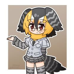 Rule 34 | 1girl, bird tail, black hair, black tail, blonde hair, blush, campo flicker (kemono friends), glasses, grey tail, hair between eyes, head wings, highres, kemono friends, long sleeves, multicolored hair, multicolored tail, shirt, short hair, simple background, skirt, smile, solo, tail, thighhighs, wings