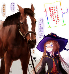Rule 34 | 1girl, anger vein, animal ears, bow, braid, bridle, brown hair, commentary, creature and personification, fantomyu, hat, hat bow, highres, horse, horse ears, horse girl, irony, long hair, motion lines, pulling, pulling another&#039;s clothes, purple eyes, real life, robe, sweep tosho (racehorse), sweep tosho (umamusume), traditional media, translated, umamusume, very long hair, witch hat
