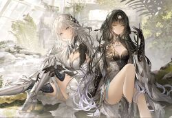 Rule 34 | 2girls, armored boots, black hair, blue eyes, boots, breasts, character request, china dress, chinese clothes, cleavage, dress, grey eyes, hair ornament, headdress, high heel boots, high heels, highres, long hair, mole, mole under eye, mole under mouth, multiple girls, official art, punishing: gray raven, qu (punishing: gray raven), sitting, tassel, third-party source, white hair
