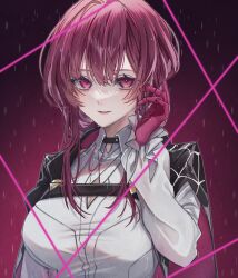 Rule 34 | 1girl, absurdres, black jacket, breasts, chest harness, collared shirt, gloves, hair between eyes, harness, highres, honkai: star rail, honkai (series), jacket, kafka (honkai: star rail), large breasts, long sleeves, looking at viewer, parted lips, purple eyes, purple hair, shirt, sidelocks, simple background, smile, solo, upper body, white shirt, yrur sindoi