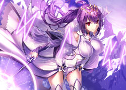 Rule 34 | 1girl, breasts, closed mouth, cowboy shot, dress, fate/grand order, fate (series), hair ribbon, heirou, holding, holding wand, impossible clothes, impossible shirt, large breasts, long hair, looking at viewer, ponytail, purple hair, purple ribbon, purple theme, red eyes, ribbon, runes, scathach (fate), scathach skadi (fate), scathach skadi (third ascension) (fate), shirt, smile, solo, thighhighs, tiara, wand, white dress, white thighhighs, zettai ryouiki