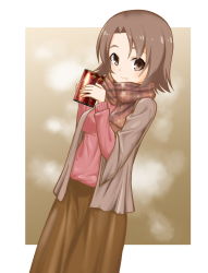 Rule 34 | 1girl, brown background, brown eyes, brown hair, brown scarf, brown skirt, can, casual, closed mouth, coffee, commentary, dutch angle, fringe trim, girls und panzer, grey jacket, holding, holding can, jacket, long skirt, long sleeves, looking at viewer, parted bangs, plaid, plaid scarf, rebirth42000, red sweater, sawa azusa, scarf, short hair, simple background, skirt, smile, solo, standing, sweater