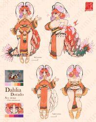 Rule 34 | 1girl, antennae, blush, bracelet, breasts, character sheet, clenched hand, close-up, commission, cropped legs, english text, facing away, from behind, from side, full body, gradient background, green tail, grid background, hair over shoulder, highres, jewelry, large breasts, large tail, long bangs, long hair, looking at viewer, monster girl, multicolored eyes, multicolored tail, multiple views, open hand, open mouth, orange hair, orange tail, original, pink tail, puff of air, purple hair, shoes, shrimp, shrimp girl, sparkle, straight-on, tail, thick thighs, thighs, twitter username, typo, uni (oni unicorn), watermark, white background, yellow background, yellow footwear
