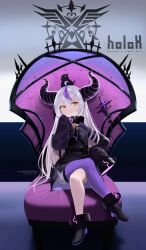 Rule 34 | 1girl, absurdres, ahoge, animal, animal on head, anizi, ankle cuffs, ascot, bird, bird on head, black horns, braid, braided bangs, collar, crossed legs, crow (la+ darknesss), grey hair, highres, hololive, horns, la+ darknesss, la+ darknesss (1st costume), long hair, metal collar, multicolored hair, on chair, on head, pantyhose, pointy ears, purple hair, purple pantyhose, single leg pantyhose, sitting, sleeves past fingers, sleeves past wrists, streaked hair, striped horns, thighhighs, virtual youtuber, yellow ascot, yellow eyes