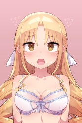 Rule 34 | 1girl, bare shoulders, blonde hair, blush, bra, breasts, brown eyes, cleavage, collarbone, drill hair, flying sweatdrops, frilled bra, frills, long hair, looking at viewer, medium breasts, nikaidou yuuga, open mouth, parted bangs, pink background, simple background, solo, starmine (manga), stroma, underwear, underwear only, upper body, very long hair, white bra