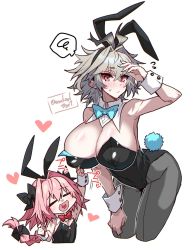 Rule 34 | 1boy, 1girl, animal ears, astolfo (fate), bent over, blush, bow, bowtie, braid, braided ponytail, breasts, commentary request, covered erect nipples, cowboy shot, detached collar, closed eyes, fake animal ears, fang, fate/apocrypha, fate (series), flying sweatdrops, genderswap, genderswap (mtf), grey hair, hair between eyes, hair bow, haoro, heart, heart in mouth, highres, large breasts, leotard, long hair, looking at viewer, open mouth, pantyhose, pink hair, playboy bunny, rabbit ears, rabbit tail, red eyes, sieg (fate), simple background, skin fang, sleeveless, tail, trap, twitter username, watermark, white background, wrist cuffs