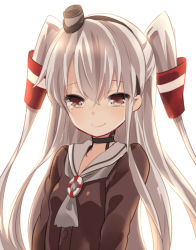 Rule 34 | 10s, 1girl, amatsukaze (kancolle), backlighting, breasts, brown eyes, buttons, cardigan, choker, dress, grey neckerchief, hair ornament, hair tubes, hairband, ica, kantai collection, lifebuoy, light smile, long hair, long sleeves, looking at viewer, neckerchief, parted bangs, sailor dress, school uniform, serafuku, silver hair, simple background, small breasts, smile, solo, swim ring, tears, twintails, two side up, uniform, upper body, white background