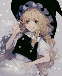 Rule 34 | 1girl, apron, black hat, black vest, blonde hair, bow, braid, character name, commentary request, cowboy shot, grey background, grin, hair bow, hand up, hat, hat bow, highres, kirisame marisa, long hair, looking at viewer, mochacot, puffy short sleeves, puffy sleeves, shirt, short sleeves, simple background, single braid, smile, solo, star (symbol), touhou, v, very long hair, vest, waist apron, white apron, white bow, white shirt, witch hat, yellow eyes