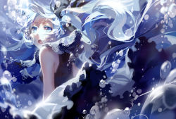Rule 34 | 1girl, air bubble, aqua hair, bare shoulders, blue eyes, blue theme, breath, bubble, blowing bubbles, colored eyelashes, eyelashes, floating hair, hatsune miku, long hair, looking at viewer, looking back, open mouth, rella, shinkai shoujo (vocaloid), skirt, solo, submerged, twintails, underwater, very long hair, vocaloid