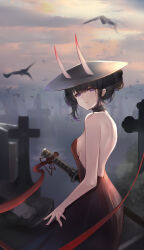 Rule 34 | 1girl, absurdres, alternate costume, alternate hairstyle, azur lane, backless dress, backless outfit, black hair, black hat, breasts, cowboy shot, dress, graveyard, hat, highres, horns, looking at viewer, medium breasts, noshiro (azur lane), oni, purple eyes, red dress, red ribbon, ribbon, sheath, sheathed, solo, xifanqvq