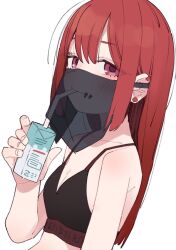 Rule 34 | 1girl, bare shoulders, bikini, black bikini, blush, breasts, cleavage, closed mouth, drinking, drinking straw, ear piercing, earrings, eyebrow piercing, hand up, highres, holding carton, jewelry, kamo (kamonabe 44), long hair, looking at viewer, looking to the side, mouth veil, piercing, red eyes, red hair, see-through veil, simple background, small breasts, solo, stitched mouth, stitches, stud earrings, swimsuit, tensai majo no maryoku kare, upper body, veil, white background, witch president (tensai majo no maryoku kare)