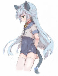 Rule 34 | 1girl, animal ears, arms behind back, bell, blue bow, blue hair, blush, bow, cat ears, cat tail, ciel nosurge, closed mouth, collar, covered navel, crop top, from side, green eyes, kureudon, long hair, neck bell, one-piece swimsuit, profile, sarly planck, short sleeves, solo, surge concerto, swimsuit, swimsuit under clothes, tail, tail bow, tail ornament, thighhighs, very long hair, white thighhighs
