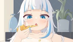 Rule 34 | 1girl, :o, ahoge, bath, bathing, bathtub, blue eyes, blue hair, blue nails, food, food on body, gawr gura, holding, holding food, holding pizza, hololive, hololive english, indoors, long hair, multicolored hair, nude, partially submerged, pizza, pizza slice, plant, shark girl, solo, streaked hair, tenroy, virtual youtuber, white hair