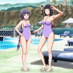 Rule 34 | 1girl, 2girls, armpits, bare legs, barefoot, black hair, blunt bangs, blurry, blurry background, boruto: naruto next generations, braid, braided ponytail, breasts, casual one-piece swimsuit, collarbone, feet, female focus, full body, hand on own hip, highres, hyuuga hinata, kakei sumire, legs together, long hair, looking at viewer, medium breasts, multiple girls, naruto, naruto (series), one-piece swimsuit, open mouth, outdoors, ponytail, pool, purple eyes, purple hair, purple one-piece swimsuit, smile, standing, sumirecchi, swimsuit, teeth, thighs, toes, tongue, upper teeth only, very long hair