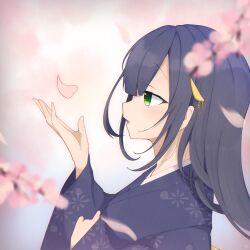 Rule 34 | 1girl, black hair, blush, cherry blossoms, commentary request, green eyes, hair ornament, hand up, highres, japanese clothes, kimono, long hair, long sleeves, open mouth, original, petals, profile, rageno0000, smile, solo, wide sleeves