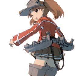 Rule 34 | 10s, 1girl, alchera, brown eyes, brown hair, from behind, japanese clothes, kantai collection, kariginu, looking back, machinery, miniskirt, open mouth, pleated skirt, ribbon-trimmed sleeves, ribbon trim, ryuujou (kancolle), skirt, solo, twintails, visor cap