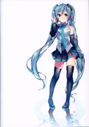 Rule 34 | 1girl, absurdres, bare shoulders, blush, boots, breasts, closed mouth, full body, hair ornament, hand up, hatsune miku, headset, highres, huge filesize, long hair, looking to the side, medium breasts, necktie, pleated skirt, reflection, scan, shiny clothes, shiny skin, shiomizu (swat), simple background, skirt, sleeveless, smile, solo, standing, thigh boots, thighhighs, twintails, vocaloid, white background, zettai ryouiki