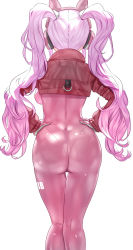 Rule 34 | 1girl, alice (nikke), ass, back, bodysuit, breasts, cropped jacket, from behind, gloves, goddess of victory: nikke, headphones, highres, jacket, latex, latex bodysuit, long hair, long sleeves, medium breasts, pink bodysuit, pink gloves, pink hair, red jacket, sidelocks, skin tight, solo, thighs, twintails, uenoryoma