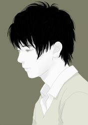 Rule 34 | 1boy, black hair, blazer, copyright request, from side, grey background, grey eyes, jacket, male focus, monochrome, original, re:i, realistic, simple background, solo, upper body