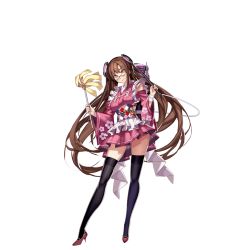 Rule 34 | 1girl, alternate costume, apron, bell, black thighhighs, blush, brown hair, closed mouth, contrapposto, detached sleeves, duster, enmaided, eyebrows, floral print, flower, frilled apron, frills, full body, glasses, gluteal fold, halo, headgear, high heels, holding, japanese clothes, jingle bell, kimono, kimono skirt, long hair, looking at viewer, maid, mechanical halo, microskirt, miyazakisoul, obi, official art, pleated skirt, red footwear, ribbon, rimless eyewear, sash, shoes, skirt, smile, solo, standing, tatsuta (warship girls r), thighhighs, thighs, transparent background, vacuum cleaner, very long hair, wa maid, waist apron, warship girls r, white flower, white ribbon, white wristband, wide sleeves, wristband, yellow eyes