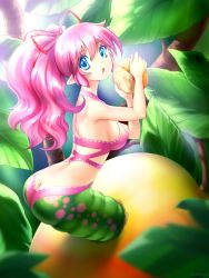 Rule 34 | apple, arthropod girl, ass, blue eyes, blurry, bow, caterpillar girl, colored eyelashes, covered erect nipples, depth of field, food, fruit, hair between eyes, halterneck, mini person, minigirl, pink hair, pointy ears, ponytail, solo