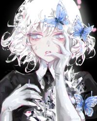 Rule 34 | 1other, androgynous, angeloush, animal, black background, black necktie, blue butterfly, blue eyes, bug, butterfly, butterfly on head, commentary, diamond (houseki no kuni), english commentary, eyelashes, gem uniform (houseki no kuni), gloves, hand on own cheek, hand on own face, hands up, highres, houseki no kuni, insect, liquid, looking at viewer, necktie, other focus, portrait, puffy short sleeves, puffy sleeves, short hair, short sleeves, simple background, solo, wet, white gloves, white hair