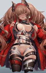 Rule 34 | 1girl, am1m, angelina (arknights), angelina (distinguished visitor) (arknights), animal ears, arknights, black thighhighs, blush, breasts, breasts apart, brown hair, censored, coat, eyes visible through hair, gluteal fold, grey background, hair over one eye, headgear, highres, large breasts, long hair, long sleeves, looking at viewer, mosaic censoring, nail polish, navel, no panties, official alternate costume, open clothes, open coat, open mouth, pink nails, pouch, pussy, red coat, red eyes, sidelocks, simple background, solo, stomach, thigh strap, thighhighs, undressing, very long hair, wavy mouth