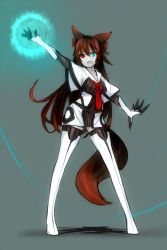 Rule 34 | 1girl, animal ears, bad id, bad pixiv id, black sclera, blue eyes, brown hair, colored sclera, elbow gloves, fang, fox ears, fox tail, ganesagi, gloves, heterochromia, highres, long hair, mismatched sclera, necktie, original, red eyes, red hair, solo, tail, thighhighs, very long hair, werewolf, wolf ears, wolf tail