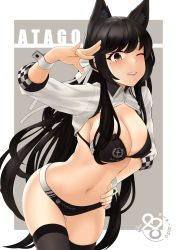 Rule 34 | 1girl, absurdres, animal ears, atago (azur lane), atago (stunning speedster) (azur lane), azur lane, bikini, black hair, breasts, character name, cleavage, commentary, cowboy shot, english commentary, extra ears, grey background, grey thighhighs, hand on own hip, highres, just98, large breasts, leaning forward, logo, long hair, looking at viewer, mole, mole under eye, race queen, ribbon, salute, shrug (clothing), solo, swept bangs, swimsuit, thighhighs, two-tone background, two-tone bikini, white ribbon