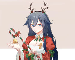 Rule 34 | 1girl, absurdres, black hair, blue eyes, breasts, candy, candy cane, christmas, cleavage, cleavage cutout, closed mouth, clothing cutout, dress, fake antlers, food, fu hua, highres, holding, holding food, honkai (series), honkai impact 3rd, long hair, long sleeves, medium breasts, pink background, red dress, smile, solo, two-tone background, upper body, white background, youmiao oxo