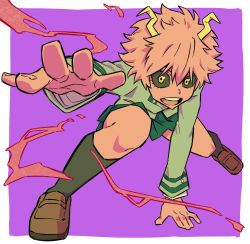 Rule 34 | 10s, 1girl, ashido mina, bad id, bad twitter id, black sclera, boku no hero academia, colored sclera, colored skin, highres, horns, kneehighs, loafers, looking at viewer, miniskirt, open mouth, pink hair, pointing, pointing at viewer, purple background, purple skin, school uniform, shoes, simple background, skirt, socks, solo, tuskryo, u.a. school uniform, yellow eyes