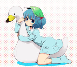 Rule 34 | 1girl, bird, blue eyes, blue hair, boots, duck, face, female focus, hair bobbles, hair ornament, hat, hug, ica, kawashiro nitori, kneeling, matching hair/eyes, hugging object, polka dot, polka dot background, rubber boots, short hair, solo, swan, touhou, twintails, two side up