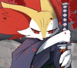 Rule 34 | 1other, animal ear fluff, animal ears, animal hands, animal nose, blue kimono, body fur, braixen, cherry blossoms, clothed pokemon, creatures (company), falling petals, fox ears, furry, game freak, gen 6 pokemon, glint, half-closed eyes, hands up, highres, holding, holding sheath, holding sword, holding weapon, japanese clothes, katana, kimono, long sleeves, looking at viewer, nintendo, one-hour drawing challenge, other focus, owata (twrt4388), petals, pokemon, pokemon (creature), red eyes, sheath, sketch, solo, standing, straight-on, sword, two-tone fur, unsheathing, upper body, weapon, white fur, wide sleeves, yellow fur