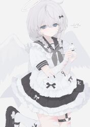 Rule 34 | 1girl, 33bun3, absurdres, angel wings, apron, bandaged arm, bandages, black bow, black footwear, black sailor collar, black skirt, bow, braid, commission, frilled apron, frilled skirt, frills, grey hair, grey neckerchief, hakushima, halo, heart, heart o-ring, highres, holding, holding toy, low twin braids, maid apron, neckerchief, o-ring, o-ring thigh strap, original, puffy short sleeves, puffy sleeves, sailor collar, self-harm, shirt, shoes, short sleeves, skeb commission, skirt, socks, solo, stuffed toy, thigh strap, toy, twin braids, white bow, white shirt, white socks, white wings, wings