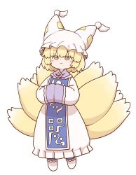 Rule 34 | 1girl, animal hat, blonde hair, blue tabard, blush, chibi, commentary request, dress, fox tail, full body, hands in opposite sleeves, hat, light smile, looking at viewer, mob cap, multiple tails, mob cap, pointy hat, poronegi, raised eyebrows, short hair, simple background, solo, tabard, tail, touhou, white background, white dress, white footwear, yakumo ran, yellow eyes