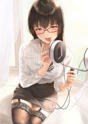 Rule 34 | 1girl, asase yuugi, asmr, black hair, breasts, garter straps, glasses, hand up, highres, holding, holding microphone, kuyukian3, large breasts, long hair, long sleeves, looking at viewer, microphone, mole, mole under eye, nail polish, necktie, ol channel, red-framed eyewear, red eyes, red nails, saliva, semi-rimless eyewear, sexually suggestive, shirt, sitting, skirt, smile, solo, thighhighs, tongue, tongue out, under-rim eyewear, virtual youtuber