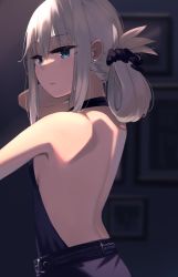 Rule 34 | 1girl, an-94 (girls&#039; frontline), an-94 (silent rouge) (girls&#039; frontline), back, back focus, backless dress, backless outfit, bare back, bare shoulders, black dress, black gloves, blonde hair, blue eyes, breasts, closed mouth, drawing (object), dress, earrings, from side, girls&#039; frontline, gloves, hair ornament, hairclip, halterneck, hand in own hair, highres, hinami047, jewelry, lips, long hair, looking at viewer, official alternate costume, sideboob, simple background, small breasts, solo, standing, upper body
