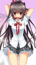 Rule 34 | 1girl, adjusting hair, arms up, blush, bow, bowtie, brown hair, dress shirt, grey skirt, hair intakes, jpeg artifacts, legs, long hair, looking at viewer, miniskirt, mouth hold, plaid, plaid skirt, pleated skirt, puffy short sleeves, puffy sleeves, red bow, red bowtie, ribbon, school uniform, shirt, short sleeves, simple background, skirt, solo, thigh gap, thighs, very long hair, white shirt
