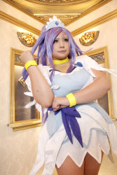 Rule 34 | 1girl, ankle boots, arm rest, asian, blue eyes, blue hair, boots, bow, bracelet, breasts, choker, chouzuki maryou, cosplay, cure diamond, cure diamond (cosplay), dokidoki! precure, dress, headpiece, highres, jewelry, large breasts, long hair, magical girl, matching hair/eyes, photo (medium), plump, ponytail, precure, puffy short sleeves, puffy sleeves, ribbon, short sleeves, solo, tiara