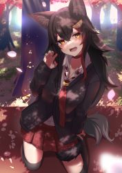 Rule 34 | 1girl, :d, absurdres, animal ear fluff, animal ears, black hair, black thighhighs, breasts, cardigan, cherry blossoms, claw pose, dress shirt, fangs, hanami, highres, hololive, inaba teitoku, kneeling, long hair, long sleeves, looking at viewer, miniskirt, multicolored hair, necktie, ookami mio, open mouth, orange eyes, petals, pleated skirt, red hair, shadow, shirt, skirt, smile, streaked hair, tail, thighhighs, tree, tree shade, uniform, virtual youtuber, wolf ears, wolf girl, wolf tail, zettai ryouiki