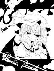 Rule 34 | 1girl, catbell, female focus, greyscale, hat, monochrome, remilia scarlet, solo, touhou, upper body, white background, wings