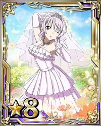 Rule 34 | 10s, 1girl, breasts, bridal veil, card (medium), cleavage, collarbone, diadem, dress, glasses, jewelry, looking at viewer, mole, mole on breast, necklace, one eye closed, red eyes, see-through, solo, star (symbol), strea (sao), sword art online, veil, wedding dress, white dress