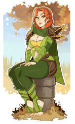 Rule 34 | 1girl, armor, breasts, cape, cleavage, dota (series), dota 2, feet, green eyes, highres, medium breasts, parted lips, pauldrons, red hair, shoulder armor, smile, solo, splashbrush, thick thighs, thighs, toes, windranger (dota)