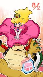 Rule 34 | 1boy, 1girl, blonde hair, blue eyes, blush, bowser, bracelet, claws, collar, crown, dress, earrings, elbow gloves, falling, food, fruit, gloves, heart, high heels, jewelry, lips, long hair, mario (series), mini crown, nintendo, nm qi, open mouth, orange hair, outstretched arms, peach, pink dress, princess peach, puffy short sleeves, puffy sleeves, scales, shoes, short sleeves, spiked bracelet, spikes, spoken blush, super mario bros. 1, sweat, tail, teeth, white gloves