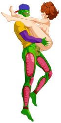 Rule 34 | 1boy, 1girl, abs, ass, ass grab, bare legs, barefoot, big hair, breasts, breasts out, brown hair, clenched teeth, colored skin, completely nude, cynthia (dragon ball z), dragon ball, dragonball z, edjim, fellatio, floating, flying, full body, green skin, grin, happy sex, hetero, huge ass, looking at another, lowres, muscular, muscular male, naked shirt, nipples, nude, open mouth, oral, pectorals, penis, piccolo, pussy, red eyes, sex, sharp teeth, shirt, smile, spiked hair, teeth, testicles, vaginal