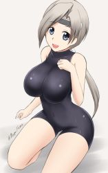 Rule 34 | 10s, 1girl, :d, bare shoulders, blue eyes, bodysuit, breasts, chitose (kancolle), clenched hand, collarbone, covered navel, full body, fuuma nagi, grey background, grey hair, halterneck, hand on own chest, happy, headband, impossible clothes, japanese clothes, kantai collection, kneeling, large breasts, long hair, looking at viewer, low ponytail, open mouth, ponytail, shadow, simple background, skin tight, smile, solo, teeth, thighs, turtleneck, twitter username, unitard