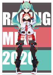 Rule 34 | 1girl, aqua hair, belt, belt pouch, character name, commentary, english commentary, full body, goodsmile racing, hatsune miku, headset, highres, kusunokimizuha, leg armor, legs apart, long hair, looking at viewer, microphone, pouch, racing miku, racing miku (2020), solo, standing, twintails, very long hair, vocaloid, wavy hair