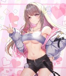 Rule 34 | 1girl, armpits, ayaginu temari, bare shoulders, black shorts, breasts, brown hair, camisole, closed mouth, colored inner hair, contrapposto, cowboy shot, crop top, flower knot, gao kawa, hair ribbon, hand on own hip, hand up, highres, isekai tensei shite v ni narimashita, jacket, jewelry, long hair, long sleeves, looking at viewer, medium breasts, midriff, mole, mole under eye, multicolored hair, navel, necklace, off shoulder, open clothes, open fly, open jacket, pink eyes, pink hair, puffy long sleeves, puffy sleeves, ribbed shirt, ribbon, shirt, short shorts, shorts, sleeveless, sleeveless shirt, smile, solo, spaghetti strap, stomach, underboob, v, very long hair, virtual youtuber, white jacket, white shirt