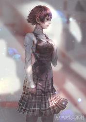 Rule 34 | 1girl, arm at side, blurry, blurry background, braid, brown hair, buttons, cglas, closed mouth, crown braid, deviantart username, from side, hand on own chest, hand up, lips, long sleeves, medium skirt, niijima makoto, pantyhose, persona, persona 5, plaid, plaid scarf, red eyes, scarf, short hair, skirt, solo, sweater, turtleneck, turtleneck sweater, vest, watermark, web address