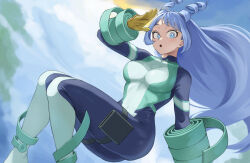 Rule 34 | 1girl, :o, absurdres, ass, blue bodysuit, blue eyes, blue hair, bodysuit, boku no hero academia, breasts, day, drill hair, fengling (furin-jp), floating, gloves, green bodysuit, hadou nejire, hair horns, hand up, highres, knees up, large breasts, long hair, looking at viewer, midair, multicolored bodysuit, multicolored clothes, outdoors, skin tight, solo, superhero costume, thighs, twin drills, very long hair, yellow gloves